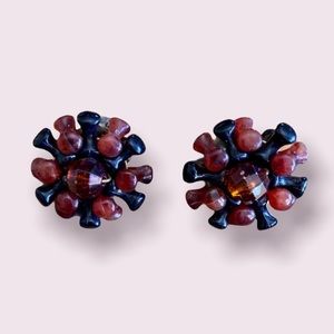 Vintage Brown and Black Bead and Crystal Cluster Clip On Earrings